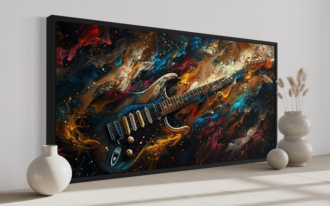 Dark Colorful Electric Guitar Framed Canvas Wall Art