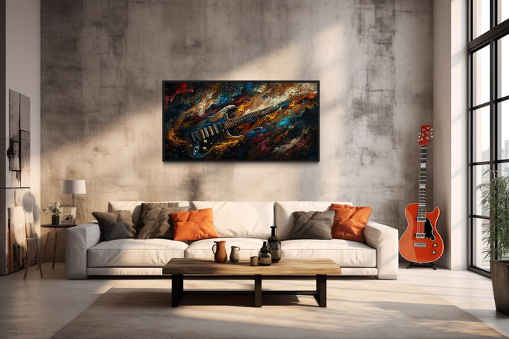 Dark Colorful Electric Guitar Framed Canvas Wall Art