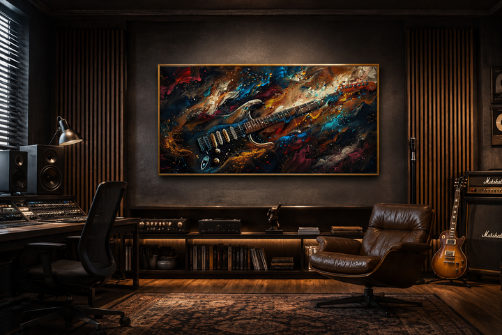 Dark colorful electric guitar framed canvas wall art in a modern music room with studio equipment.
