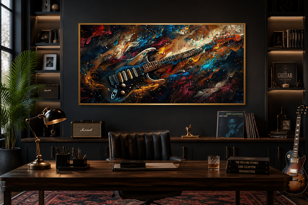 Framed canvas wall art of an abstract, colorful electric guitar in a dark, modern music room.