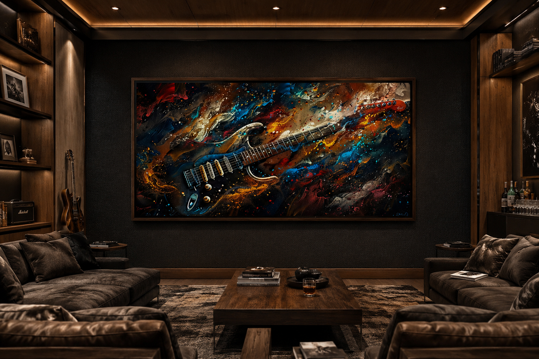 Abstract electric guitar framed canvas wall art in a dark music room with leather sofas.