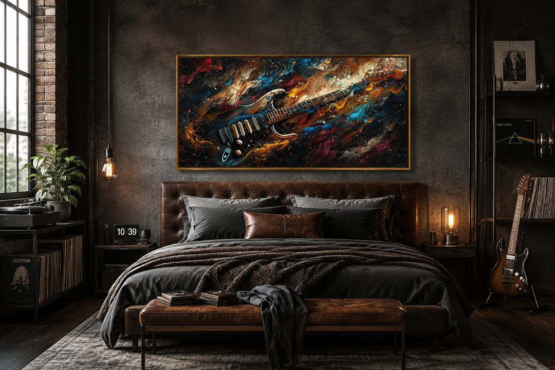 Framed canvas wall art of a colorful abstract electric guitar above a bed in a dark music room.