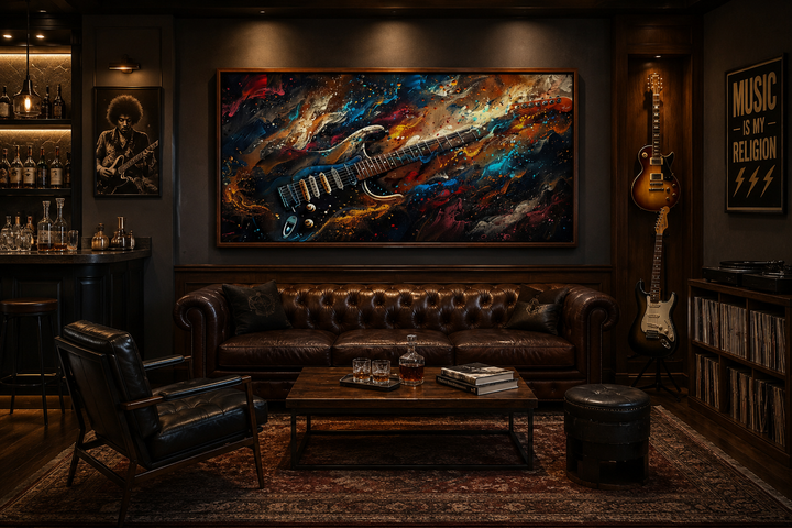Dark colorful electric guitar framed canvas wall art in a moody music room with leather furniture.