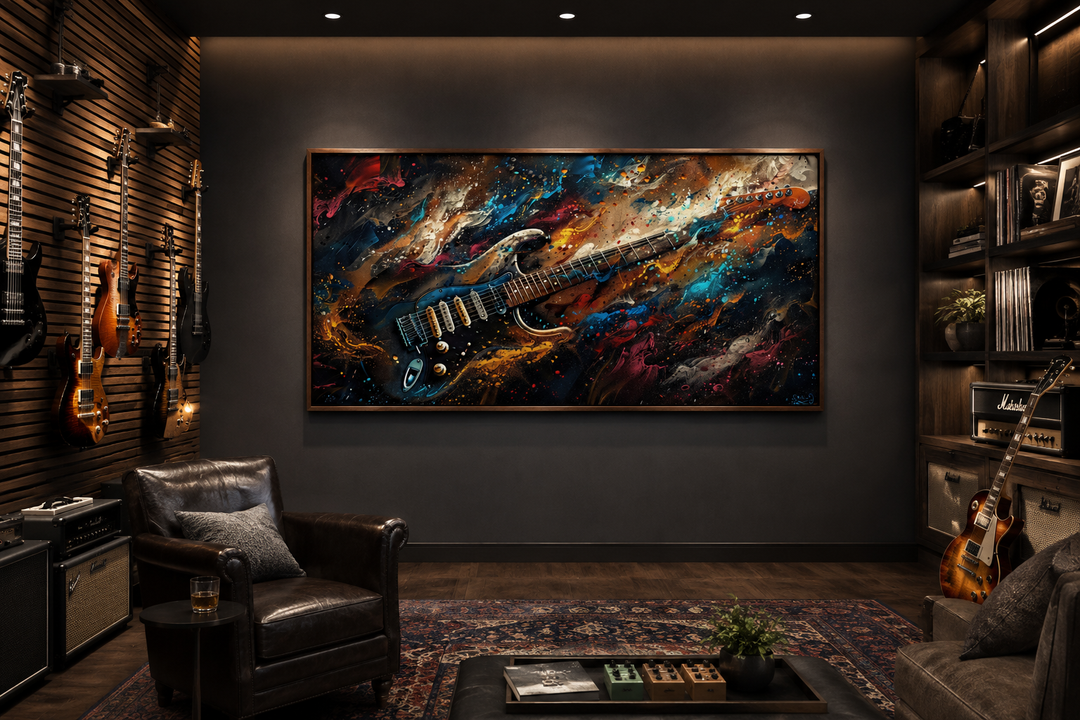 Framed canvas wall art of a colorful abstract electric guitar in a dark music room setting.