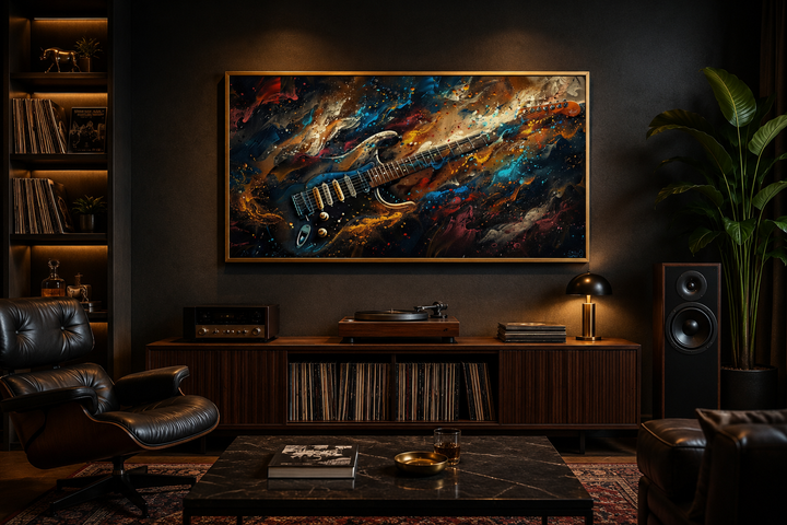 Dark colorful electric guitar framed canvas wall art in a modern music room setting.