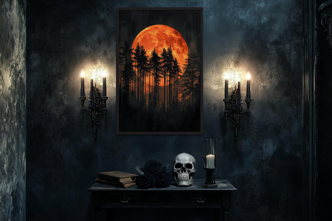 Dark Forest Trees Silhouettes Against Glowing Orange Halloween Moon Canvas Wall Art