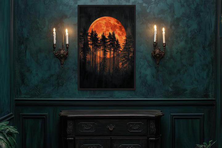 Dark Forest Trees Silhouettes Against Glowing Orange Halloween Moon Canvas Wall Art