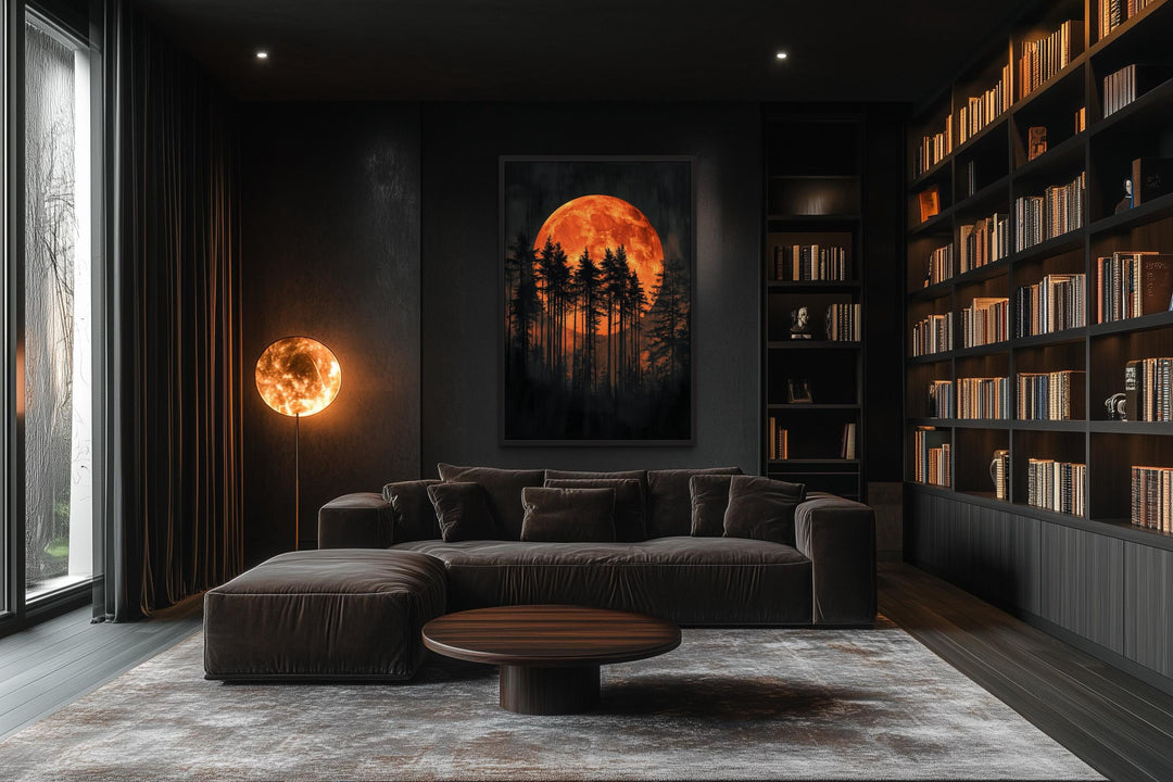Dark Forest Trees Silhouettes Against Glowing Orange Halloween Moon Canvas Wall Art