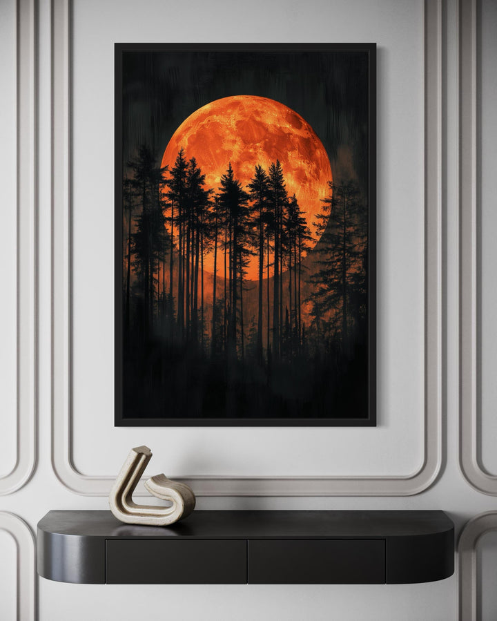 Dark Forest Trees Silhouettes Against Glowing Orange Halloween Moon Canvas Wall Art