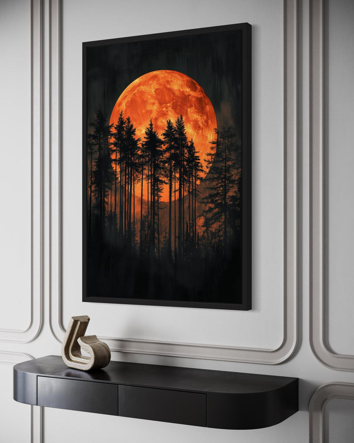 Dark Forest Trees Silhouettes Against Glowing Orange Halloween Moon Canvas Wall Art