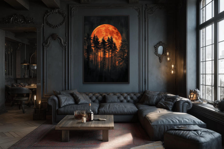 Dark Forest Trees Silhouettes Against Glowing Orange Halloween Moon Canvas Wall Art