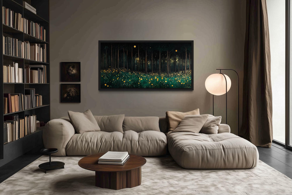 Dark Forest With Yellow Wildflowers Canvas Wall Art