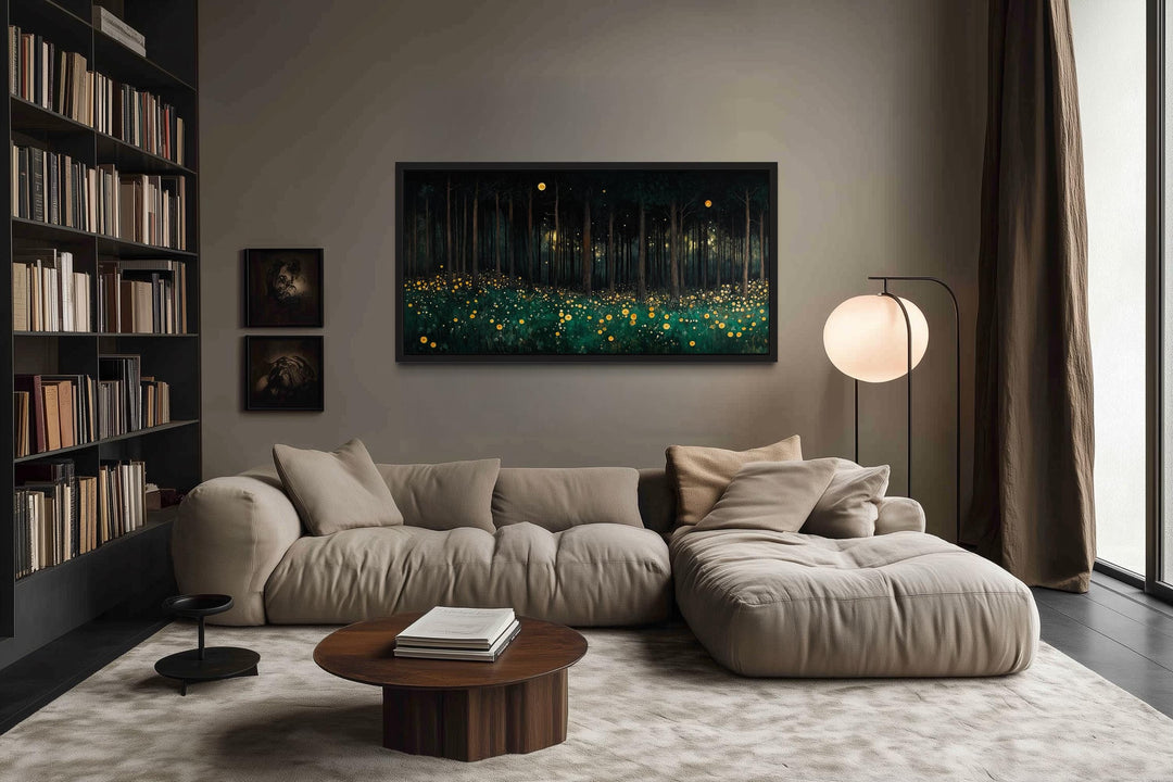 Dark Forest With Yellow Wildflowers Canvas Wall Art