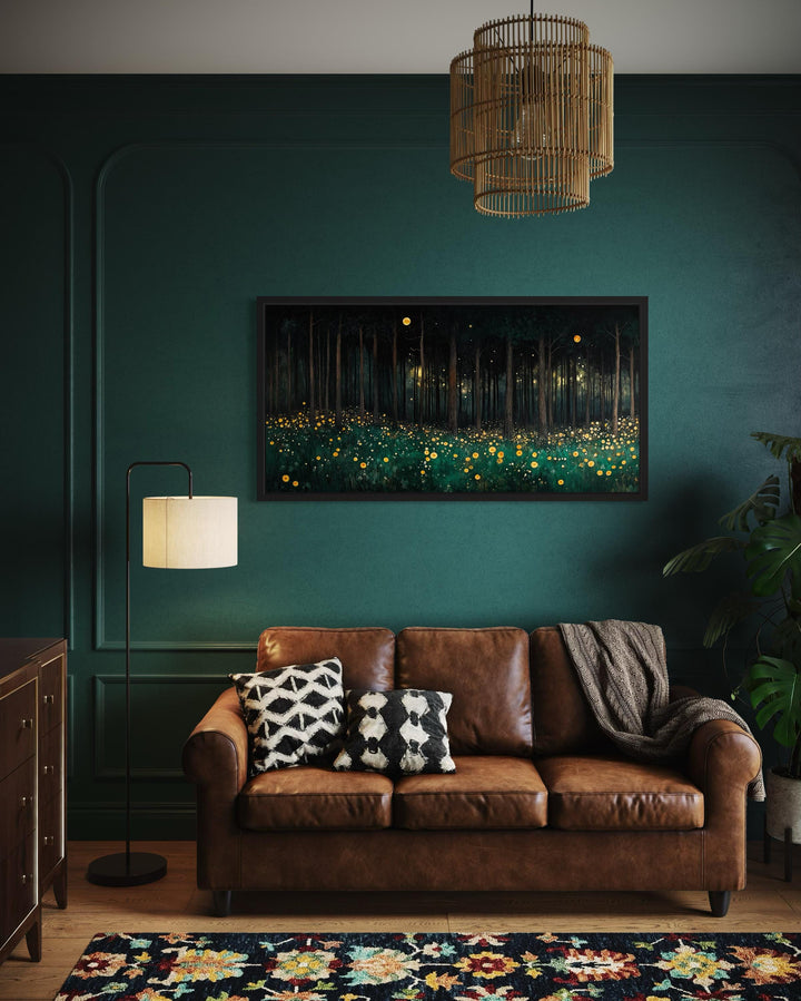 Dark Forest With Yellow Wildflowers Canvas Wall Art