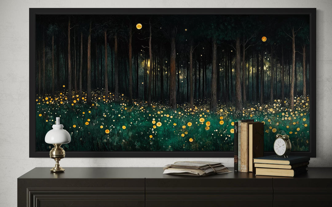 Dark Forest With Yellow Wildflowers Canvas Wall Art