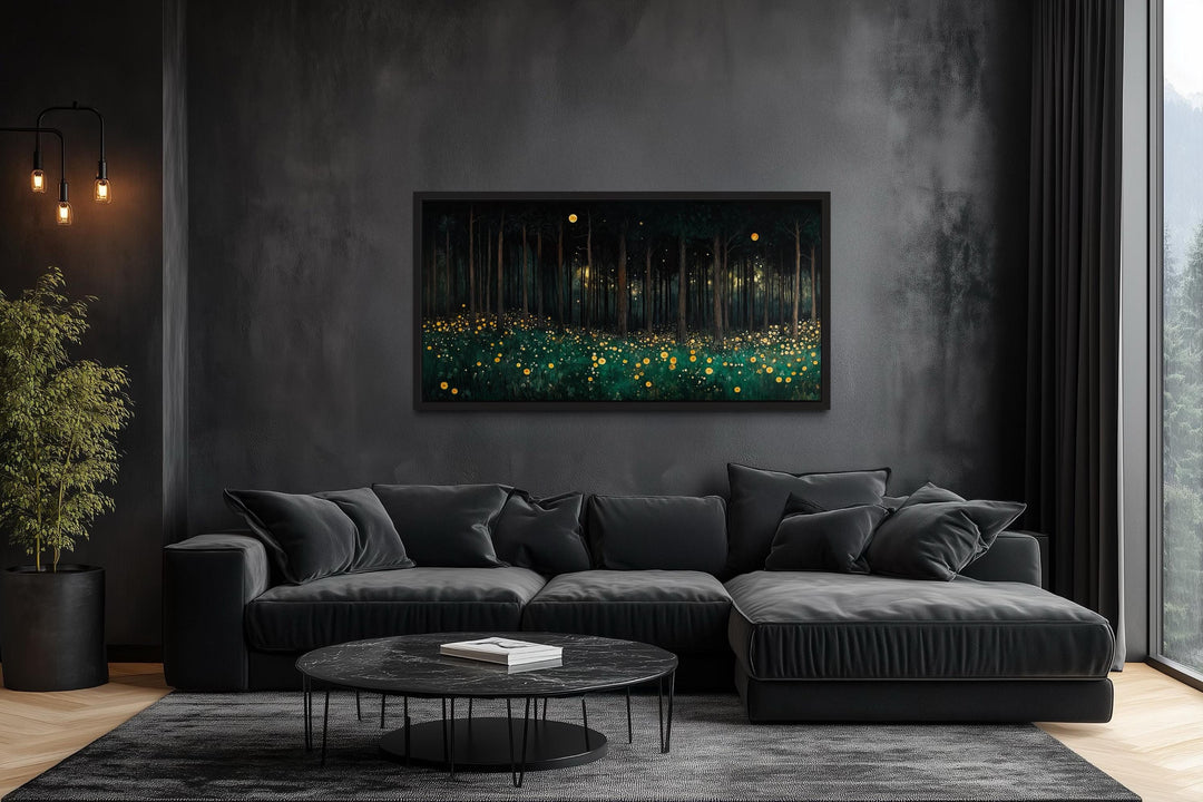 Dark Forest With Yellow Wildflowers Canvas Wall Art