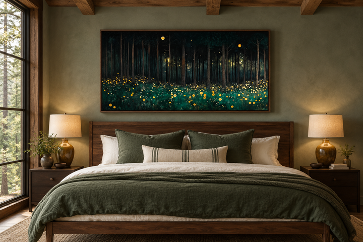 Dark forest with yellow wildflowers canvas wall art hanging above a bed in a rustic bedroom.