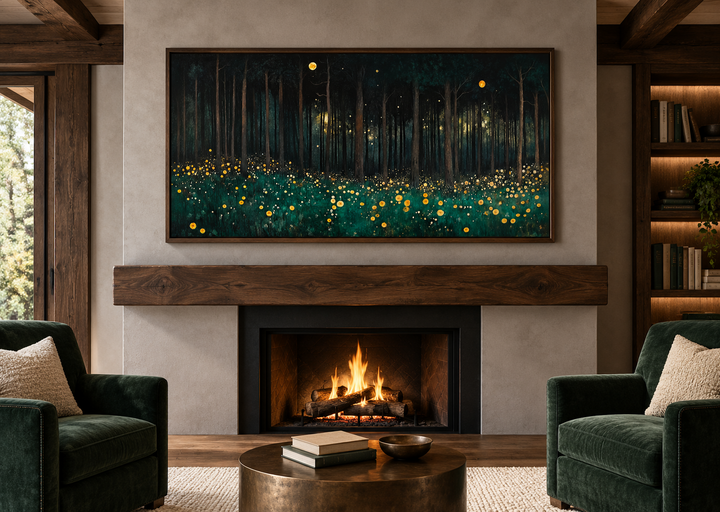 Dark Forest With Yellow Wildflowers canvas wall art in a walnut frame above a rustic fireplace.