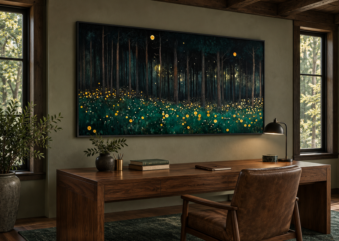 Dark Forest With Yellow Wildflowers canvas wall art in a black frame above a wooden desk.