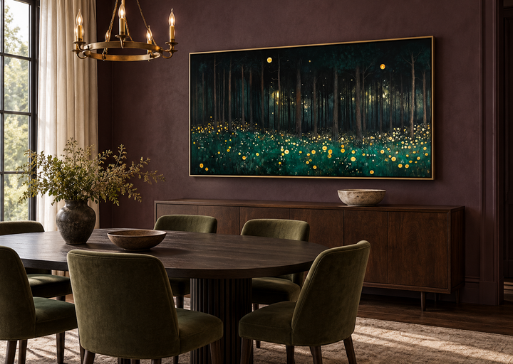 Dark Forest With Yellow Wildflowers canvas wall art in a gold frame above a dining room sideboard.