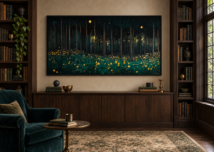 Dark Forest With Yellow Wildflowers canvas wall art in a black frame above a wooden cabinet.