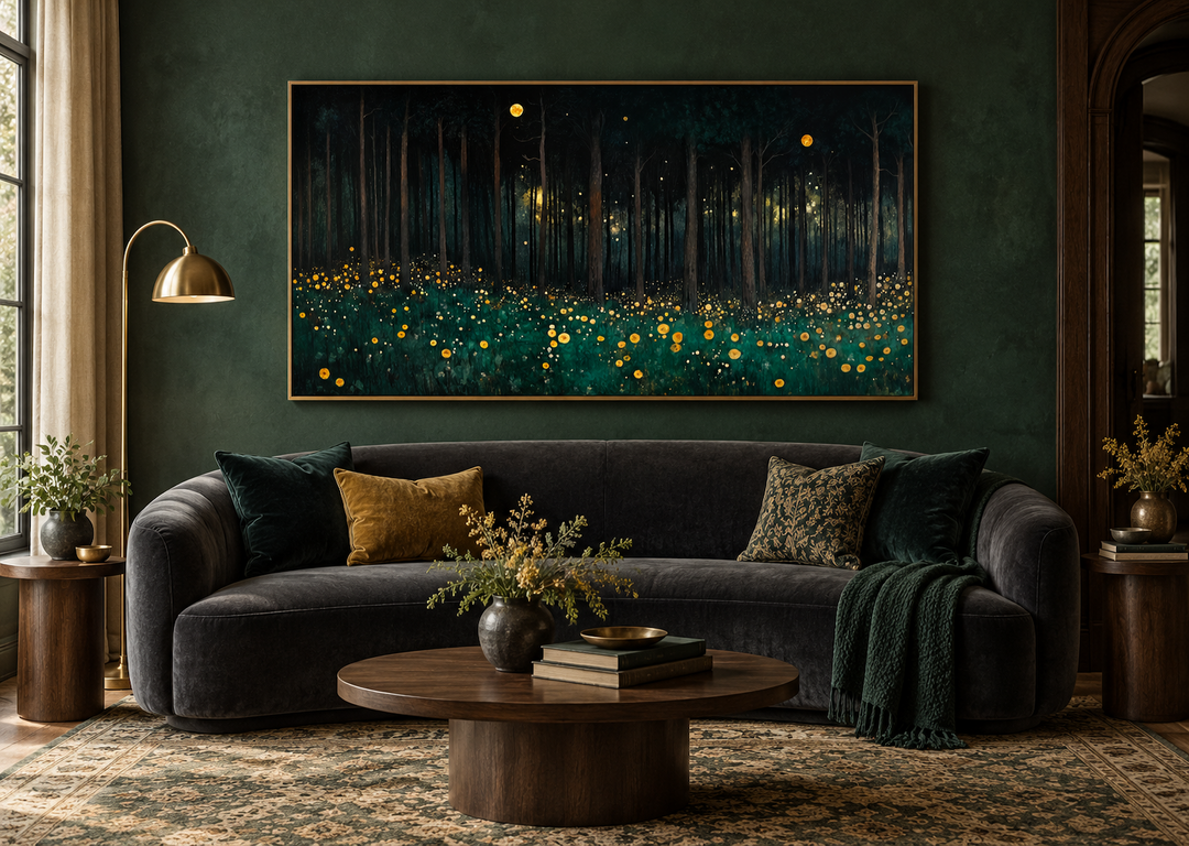 Dark Forest With Yellow Wildflowers canvas wall art in a gold frame above a dark velvet sofa.
