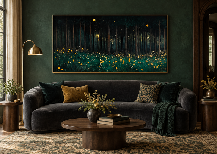 Dark Forest With Yellow Wildflowers canvas wall art in a gold frame above a dark velvet sofa.