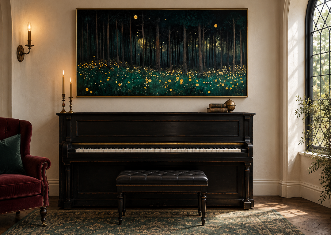 Dark Forest With Yellow Wildflowers canvas wall art in a gold frame above a black piano.