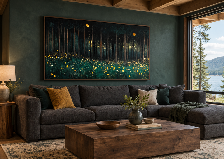 Dark Forest With Yellow Wildflowers canvas wall art in a walnut frame above a dark gray sofa.