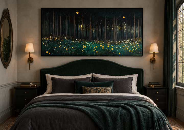 Dark Forest With Yellow Wildflowers canvas wall art in a black frame above a dark green velvet bed.
