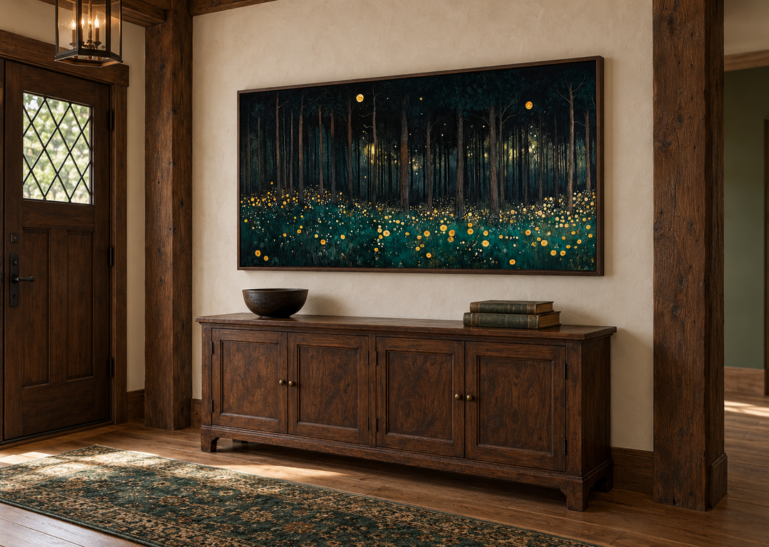 Dark Forest With Yellow Wildflowers canvas wall art in a walnut frame above a wooden sideboard.
