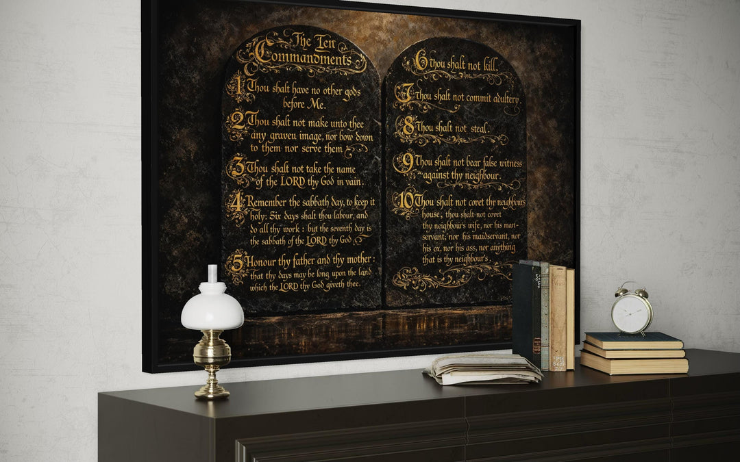 Dark Gold Ten Commandments Christian Canvas Wall Art on a dark wood console with a lamp and books.