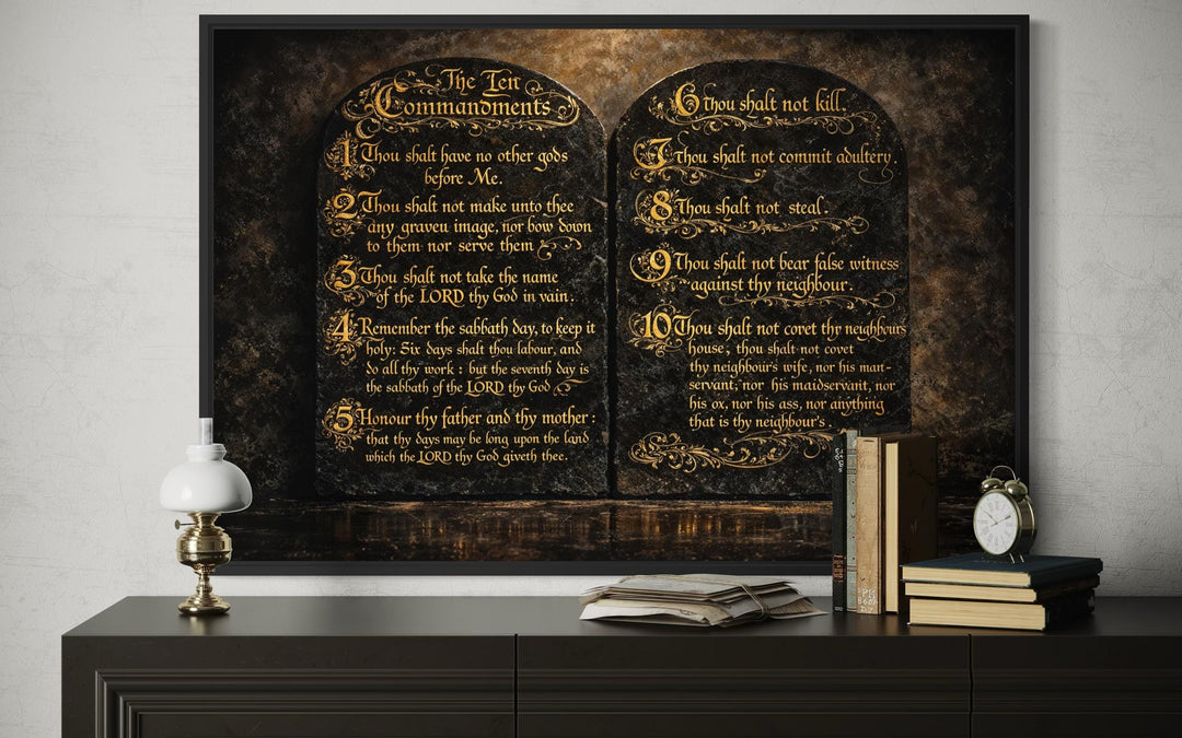 Dark Gold Ten Commandments Christian Canvas Wall Art on stone-style tablets with ornate lettering.