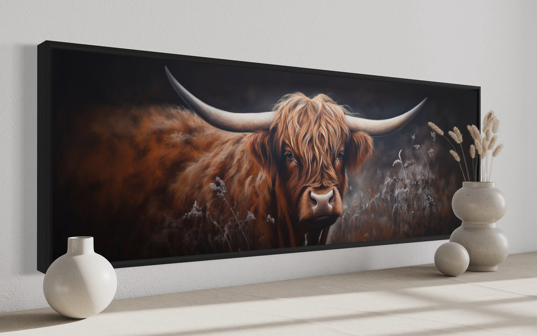 Dark Highland Cow In Grass Long Horizontal Canvas Wall Art