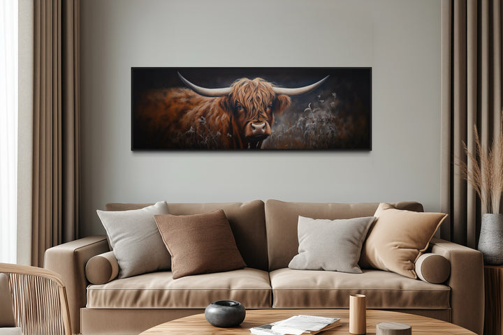 Dark Highland Cow In Grass Long Horizontal Canvas Wall Art