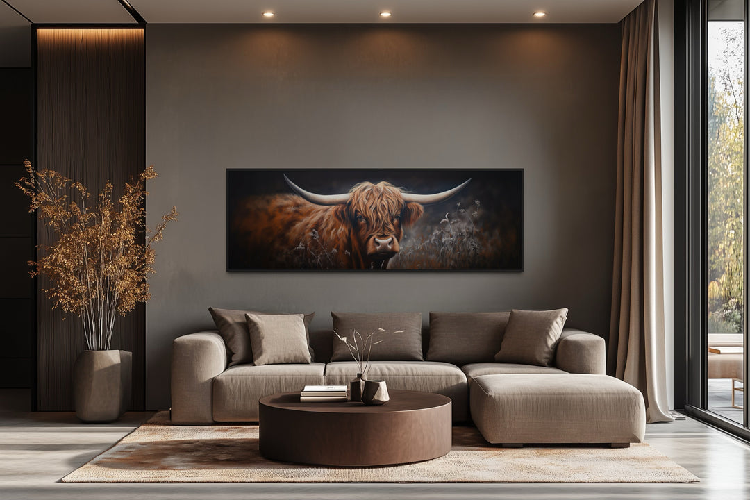 Dark Highland Cow In Grass Long Horizontal Canvas Wall Art