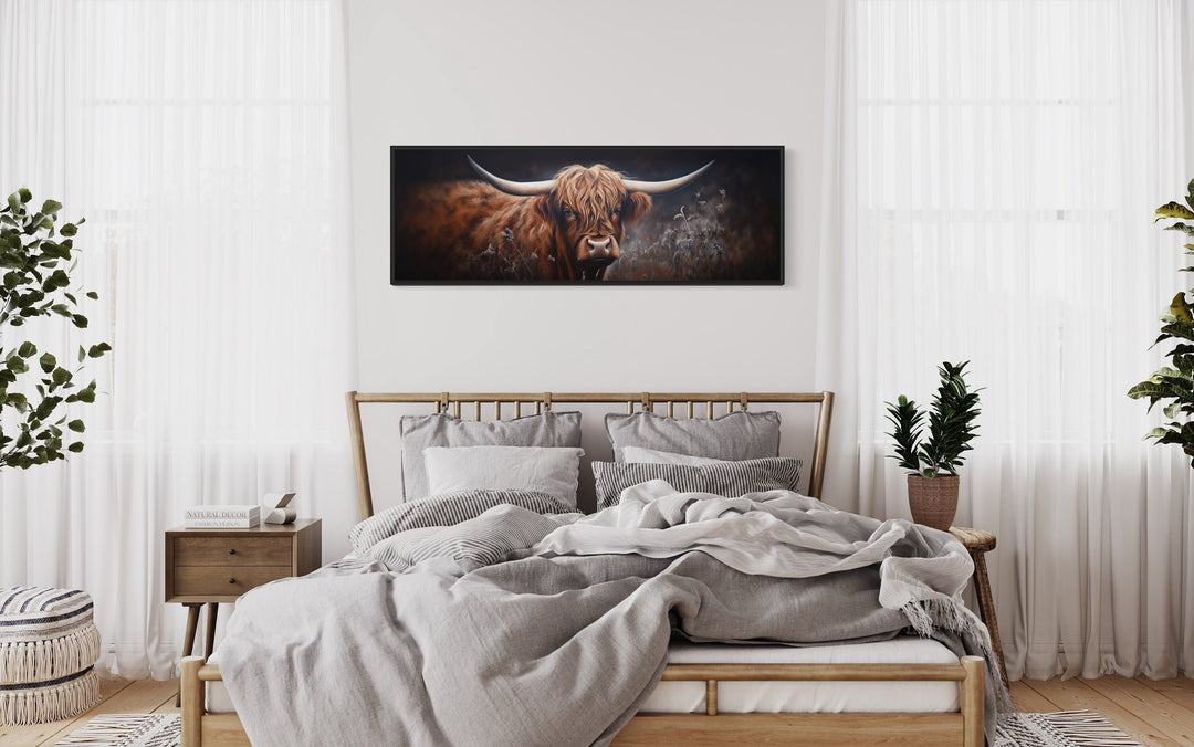 Dark Highland Cow In Grass Long Horizontal Canvas Wall Art