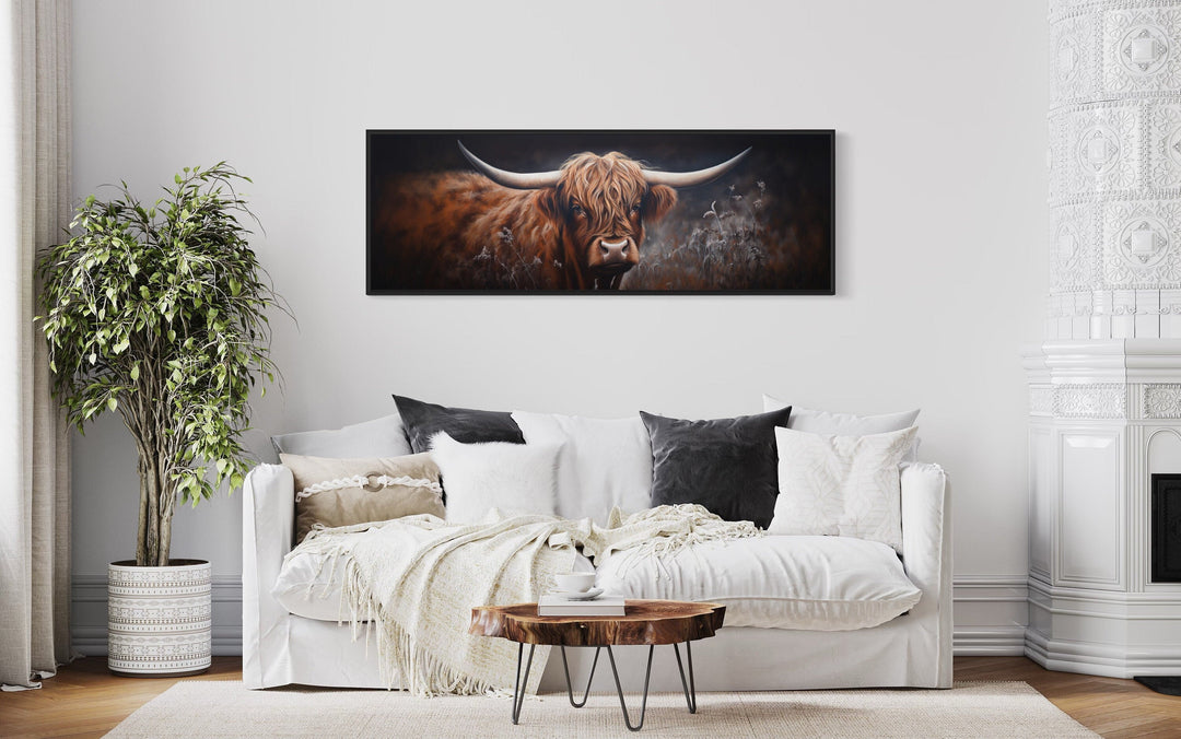 Farmhouse Wall Decor - Dark Highland Cow In Grass Long Horizontal Canvas Wall Art