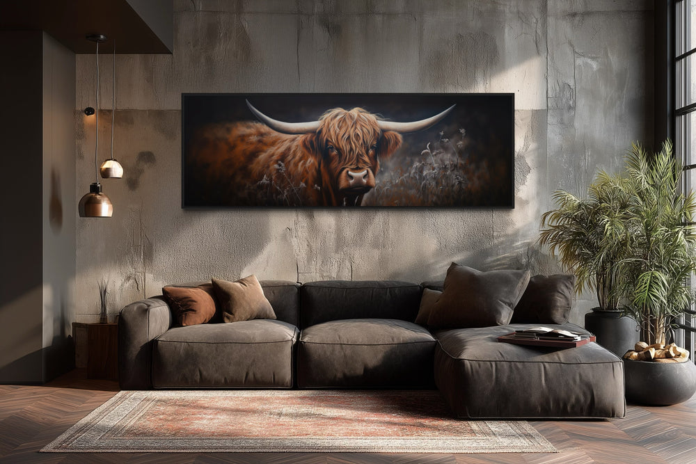 Dark Highland cow horizontal canvas wall art above a brown sectional sofa in a rustic living room.