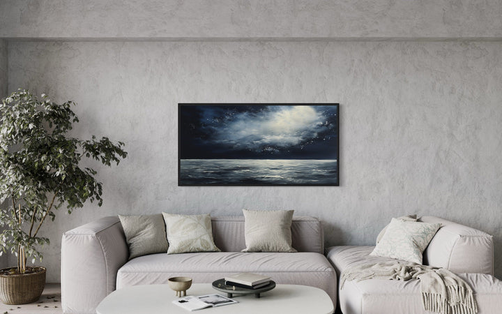 Dark Horizontal Starry Night Ocean Seascape Framed Canvas Wall Art above grey couch