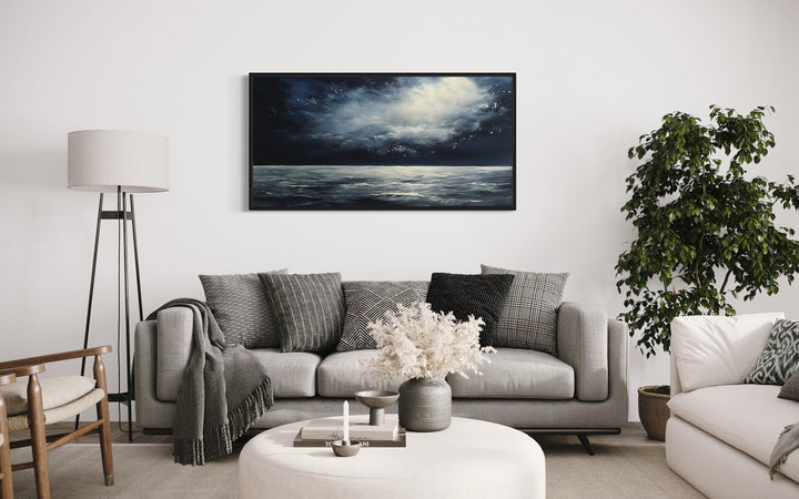 Dark Horizontal Starry Night Ocean Seascape Framed Canvas Wall Art in living room