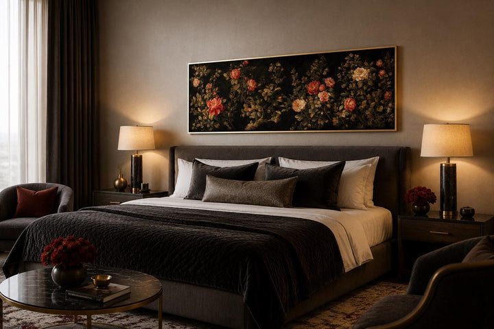 Long horizontal canvas art of red and cream roses on a black background above a bed.