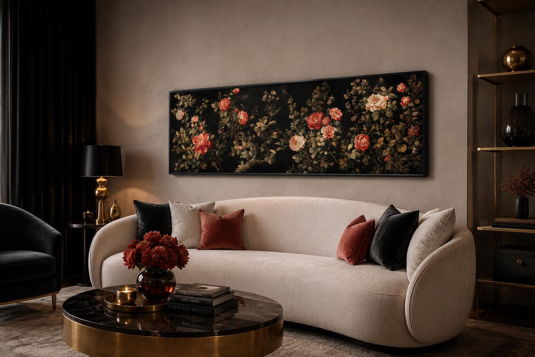 Dark moody floral tapestry wall art with red and cream roses on a long horizontal canvas.