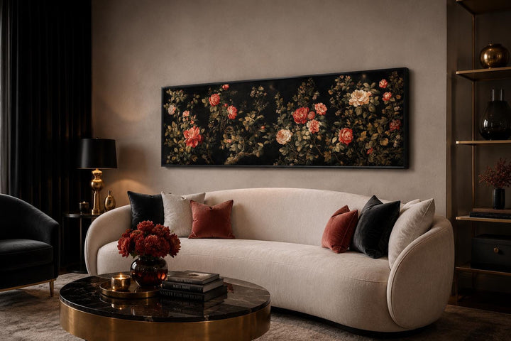Dark moody floral tapestry wall art with red and cream roses on a long horizontal canvas.