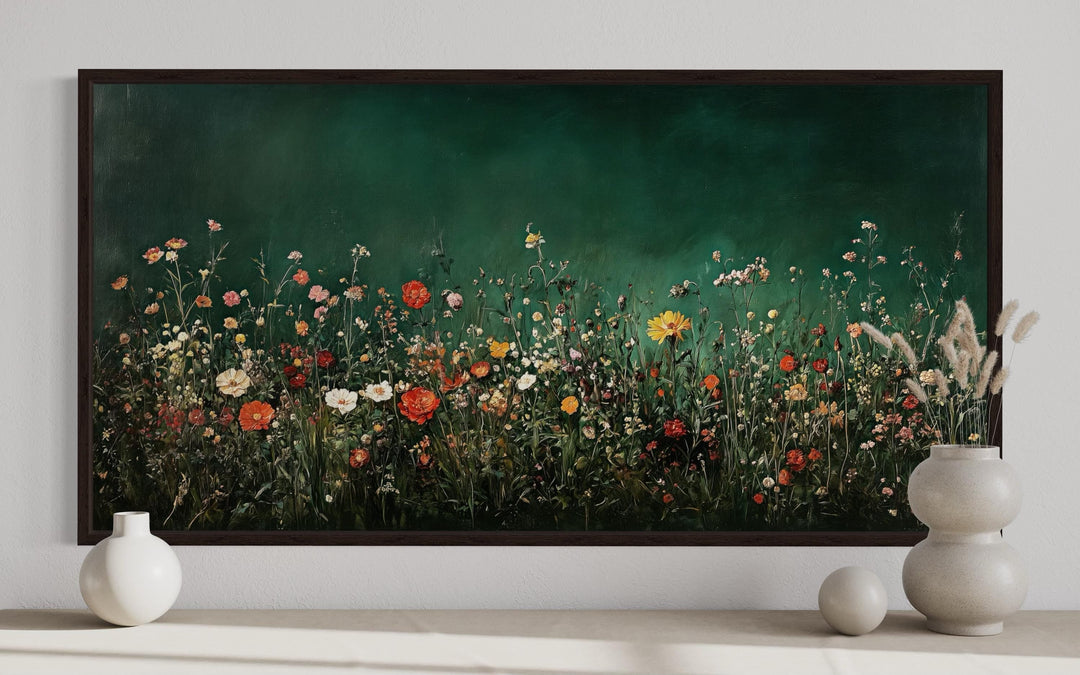 Dark Moody Green Wildflowers Field At Night Framed Canvas Wall Art