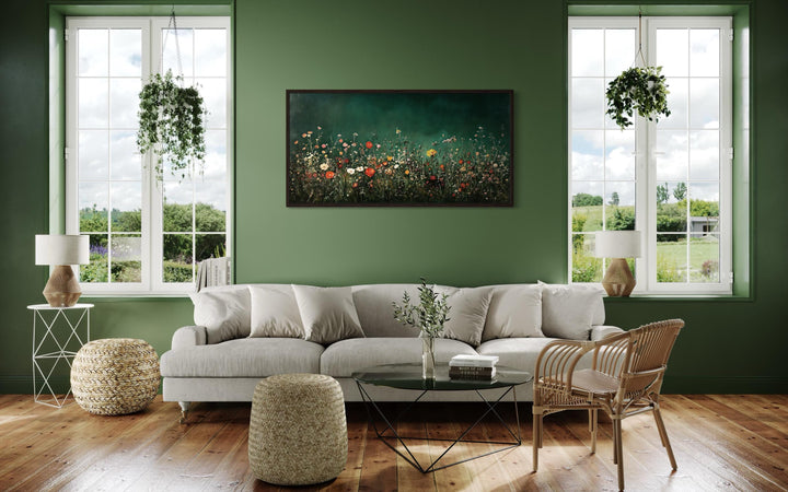 Dark Moody Green Wildflowers Field At Night Framed Canvas Wall Art