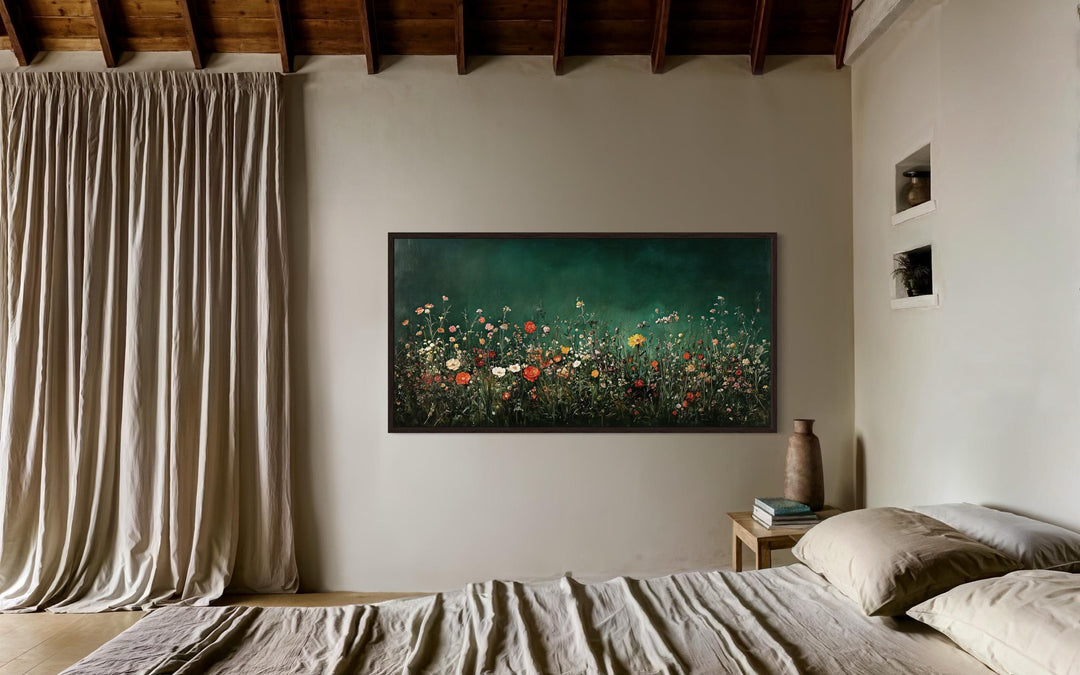 Dark Moody Green Wildflowers Field At Night Framed Canvas Wall Art