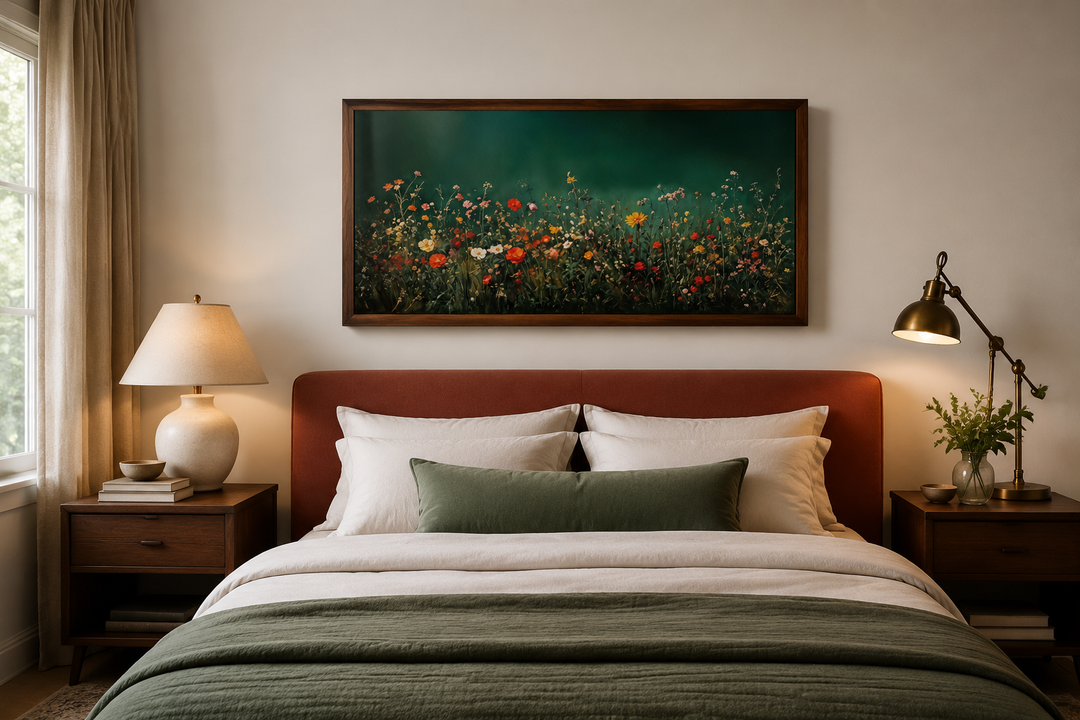 Dark moody green wildflowers field at night framed canvas wall art hanging above a bed.