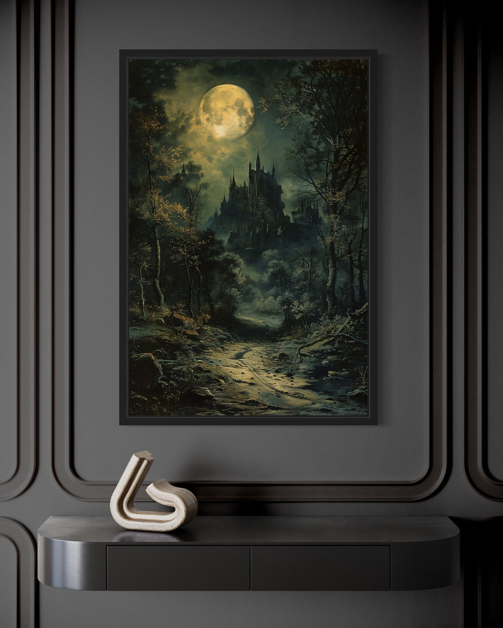 Framed canvas art of a gothic castle under a full moon.