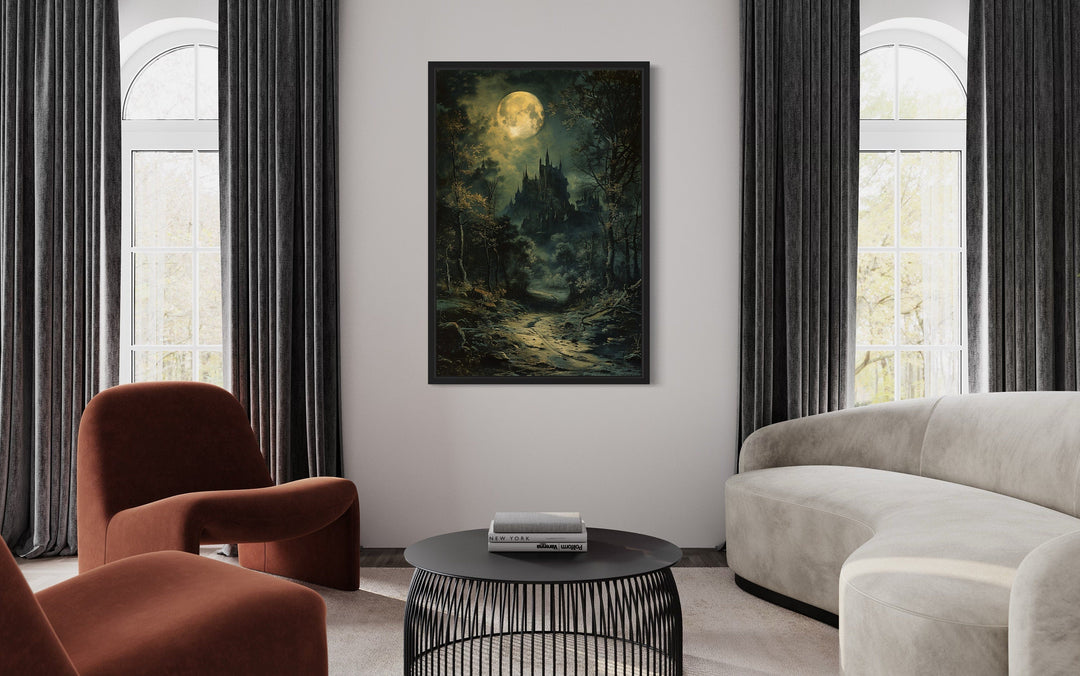 Framed canvas art of a gothic castle under a dark moonlit sky.